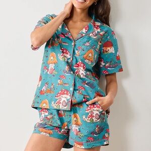 NWT Prinfresh Short PJ Set in Teal Autumn Critters Print Women’s Size Large